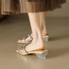 Slippers 2023 en cuir d'été Crystal français talon grossier rhinobarrhinide transparent beau-toe ouvert à porter la mode 588
