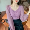 Women's Sweaters Knitted Pullover Splicing Chiffon Long Sleeve 2023 Autumn Fund Net Yarn Office Lady Slim Unlined Upper V-Neck Sweater Women