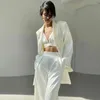 Women's Two Piece Pants White Casual Blazer Three Set For Women Elegant Crop Top Long Pant Outfits Office Lady Trousers Suit Autumn Winter