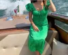 23 Summer New g-an-l Green U-neck Bubble Sleeve Slim Fit Pleated Sexy Silk Satin Dress Women's Dress