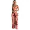 Women's Two Piece Pants Summer Women Tropical Print Spaghetti Strap Casual Lace Up Back Top &High Waist Set 2 Pieces Suit Sets 2023 Woman