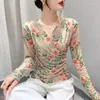 Women's T Shirts 2023 Fall Winter Korean Clothes Double Mesh T-shirt Women Chic Sexig V-ringad Draped Print Flower Tops Långärm Slim Tees