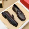 Feragamos dress shoes Style Lefu Shoes with Horse Titles Buckle and Square Head Cowhide Breathable Business Casual Leather Shoes