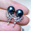 Stud Earrings High Quality Cluster Marquise Cubic Zirconia 9-10mm Natural Freshwater Black Pearl Tassel Women Friends Gift