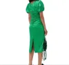 23 Summer New g-an-l Green U-neck Bubble Sleeve Slim Fit Pleated Sexy Silk Satin Dress Women's Dress