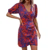 Urban Sexy Dresses Casual Summer and Autumn European American Flowers Printing Comfort V Neck Girl Dress Mid Sleeved