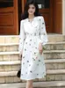 Casual Dresses Women Flowers Print White Chiffon Dress Chic Puff Sleeve V-Neck Midi 2023 Korean Spring Elegant Beach Party