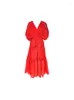 Casual Dresses Holiday Summer French Fotunning Pleated Fine Sparkle Red V-Neck Elastic Midje Kort ärm A-formad stor svängklänning