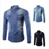 Nowe czarne dżinsowe koszula Mężczyźni jesień moda podwójna kieszonkowa koszula demin Casua Slim Fit Shirts Chemise Homme Marque2432