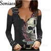 Harajuku Style Skull Head Print Women Tops Lace V Neck Hollow Out Long Sleeves T Shirt Autumn Slim Casual Female Pullover TShirt T230811