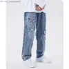 Men's Jeans Y2K Men's Jeans European and American Street Bike Denim Cross Embroidered Hip Hop Straight Loose Leg Pants Z230814
