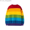 Męskie swetry 2023 Autumn Rainbow Stripe Męski sweter luźny Hip Hop Crewneck dzianinowy krawat Rod Men's Casual Christmas Skocing odzież Z230811