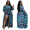 Plus Size Dresses WUHE Sexy Off Shoulder Women Tie Dye Print High Split Maxi Dress 2023 Spring Elegant Puff Long Sleeve Loose