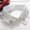 Bow Ties Women Cotton Sweater Shirt Neckline Tie Embroidery Lace Flower Neckwear Fake Collar Crystal Rhinestone Detachable False