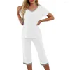 Women's Sleepwear Lady Two Piece Set Stylish 2-piece Pajama V Neck Contrast Color Loose Fit Elastic Waist Cropped Pants Summer Nightwear