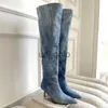 Boots Blue Denim Knee High Cowboy Boots for Women 2023 Automne plissé talons hauts longs Boots femme Stiletto Jeans à talons Botas Shoes J230811