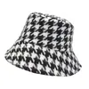 Breite Krempelnhüte Bucket Hats Retro Classic Houndstooth Muster Fisherman Hut Herbst und Winter Dicke warme Big Hut Mode Eimer Hut Frauen