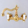 Kitchen Faucets Gold Color Brass Wall Mounted Double Ceramic Handles Bathroom Sink Faucet Mixer Tap Swivel Spout Asf607