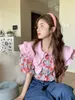 Women's Blouses Shirts Gaganight Women Sweet Double Layer Doll Neck Short Sleeve Fragmented Print Blouse Women's Summer Fashionable Loose Pink Top 230810