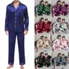 Men's Sleepwear Casual Pyjamas Long Sleeve Blouse Button Silk Satin Two Piece Suit Pant Pyjama