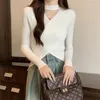 Women's T Shirts Autumn Winter Sexy Cross Neck Knitted Sweater Long Sleeve Tops Y2k Top Crop Women