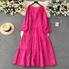 Casual Dresses Summer Skinny Ladies Sales Long Puff Sleeve Soild O-neck Hollow-out Vestidos French Retro Dress For Women Drop