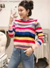 Maglioni femminili arcobaleno a strisce colorate stampati maglione casual femminile 2023 Fashion O-Neck Knitting Zilled Zipper Lurex Jumper Zipper B-042 Z230814