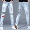 Pantalon masculin jeans masculin Jean Homme Homme Denim Slim Fit pantalon Blue Biker Printing for Skinny Fashion Fashion Papant 230812