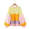 Kvinnor tröjor Kvinnor Lossa Sweet Stick Cardigan Spring och Autumn Fashion Patchwork Lantern Sleeve Sweater Crop Top Handmade liten jacka 230811