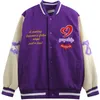 Мужские куртки Люблю вышивка контрастная швоя бейсбольная униформа, соответствующая университетскому куртке, уличная тенденция осени свободно фиолетовое 230811
