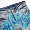 Mens Jeans män trycker på streetwear bokstäver Lightning Painted Stretch Denim Pants Vintage Blue Ripped Button Fly Slim avsmalnande byxor 230811