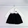 Luxury Kids Girls autumn Print Letter cotton dresses long sleeves turn down collar designer princess white brown lace dress