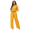 2023 herfst nieuwe dames jumpsuit mode massieve kleur bodysuit geplooide revers nek lange mouwen shirt wijd been broek rompelen jumpsuits met riem