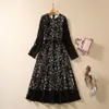 2023 Autumn Black Floral Lase Belted Sukienka z długim rękawem okrągła szyja panelowe sukienki midi Casual Sukienki S3G120809