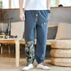 Men's Pants Chinoiserie Casual Cotton Linen -e Printed Belt Retro Harem Haori Baggy Y2K Harajuku Hip Hop