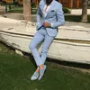Men's Suits Light Sky Blue Slim Fit Men Notched Lapel Bride Groom Beach Wedding Tuxedos Blazers Sets (Jacket Pant)