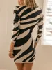 Abiti casual Donne Donne Crew Knitting Neck Mini Abito a manica lunga Mini abito Y2K Summer Sexy Zebra Stripe Short Bodycon Club Elegant Club Parte