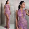 Sexy Lavender Evening Dresses Beading Beads Lace Halter Party Prom Dress Split Formal Long Red Carpet Dress for special occasion