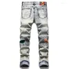 Men's Jeans Brand Men Printed Stretch Denim Streetwear Patchwork Painted Biker Pants Holes Ripped Distressed Slim Tapered Trousers