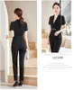 Dames tweedelige broek Zomer Fashion Black Blazer Dames Pant Suits Korte mouw jas met riem dames werkbedrijfset Office -uniform