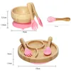 Cups Dishes Utensils Baby Feeding Bowl Baby Dinner Plate Wooden Kids Feeding Dinnerware With Silicone Suction Cup Wooden Fork Spoon Children's Dishes 230811