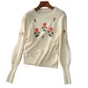 Maglioni femminili vintage o collo ricamato a collo dolce pullover dolce semplice manica sfumato in maglia sciolta