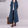 Kvinnors dikerockar NYFS 2023 Spring Autumn Big Size Lose Single Breasted Denim Coat Women Vintage Solid Long Windbreaker 230811