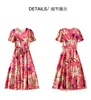 2023 Zomer roze bloemenprint taille randen jurk met korte mouwen ronde nek knie-lengte casual jurken w3q014102