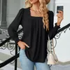 Women's Blouses Ladies Pullover Tops Blouse Autumn Long Puff Sleeve Square Neck Shirts Solid Pleated Blusas