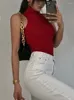 Kvinnors tröjor Kvinnor Black Off Shoulder Tank Tops Sticked Turtleneck Fashion 2023 Summer Skinny Round Neck Solid Crop