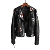 Women's Jacket Floral Print Embroidery Faux Soft Leather Coat Turndown Collar Casual Pu Motorcycle Black Punk Outerwear 230812