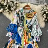 Podstawowe sukienki swobodne 2024 Autumn Bohemian Single Berged Botton Linen Sukienka Damska Kołnierz Lapel Latarn Cartoon Print koronkowy pasek Maxi vestidos