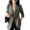 بدلات النساء الأنيقة زر الطاغية الأنيقة الجيوب المخلوقة Houndstooth Blazer الملابس 2023 الخريف قمم غير رسمية فضفاض