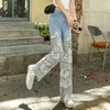 Women's Jeans Lace Womens Fashion Pants Spliced Denim Hollow Out Straight Woman High Waisted Slim Patchwork